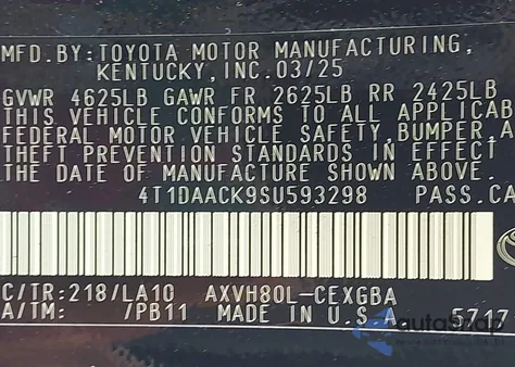 2025 Toyota Camry Xle из США, поврежденный, VIN 4T1DAACK9SU593298